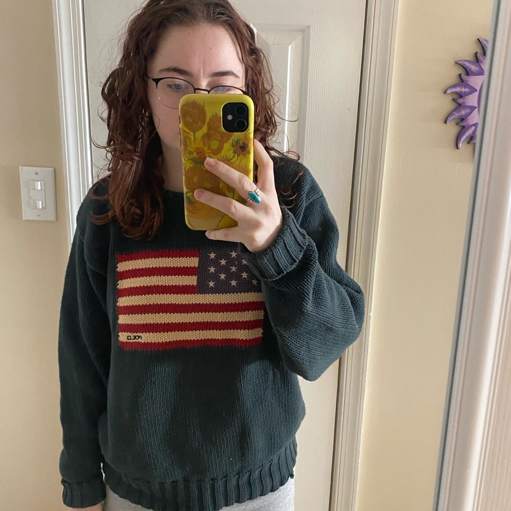 Mens Vintage Green Polo Ralph Lauren Flag Sweater L